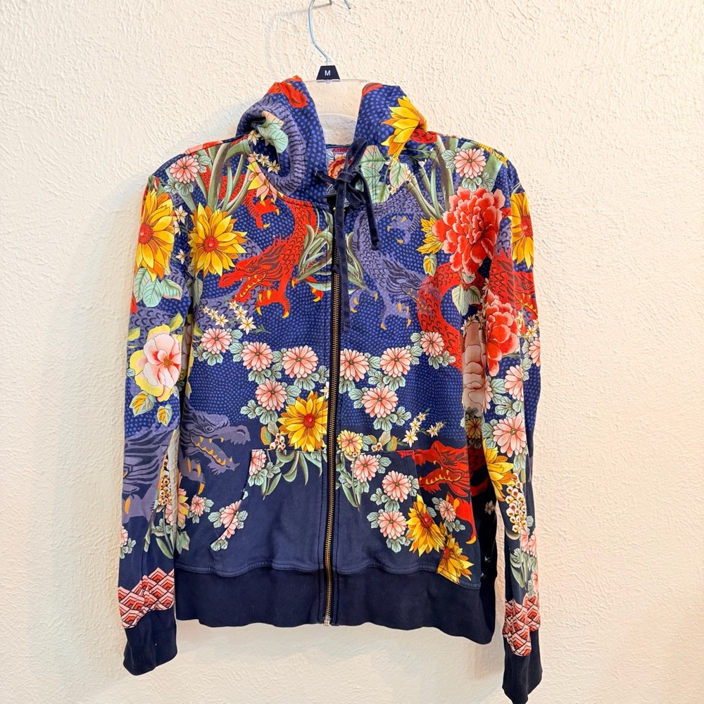 Johnny Was Navy Floral Zip Hoodie with Red, Yellow & Pink Accents